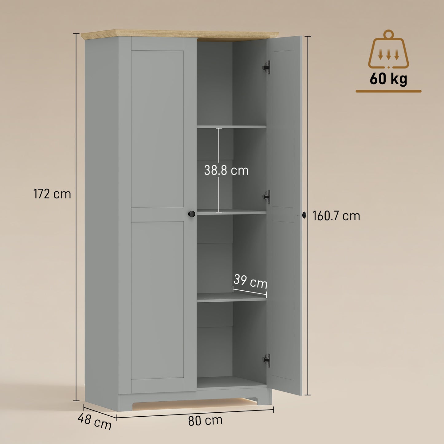 HOMCOM Kitchen Cupboard 172cm Freestanding Storage Cabinet With Doors And 4 Shelves Grey