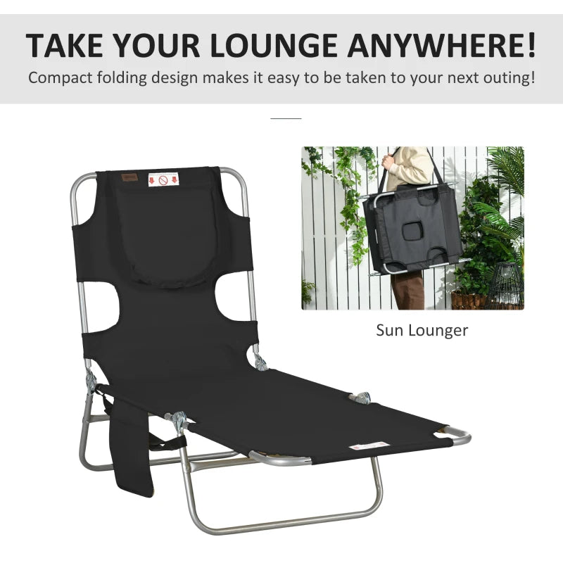 Outsunny Foldable Sun Lounger with Reading Hole, Arm Slots, 5-Position Adjustable Backrest, Side Pocket, and Pillow - Beach Chaise Lounge for Patio, Garden, Beach, Pool in Black - ALL4U RETAILER LTD