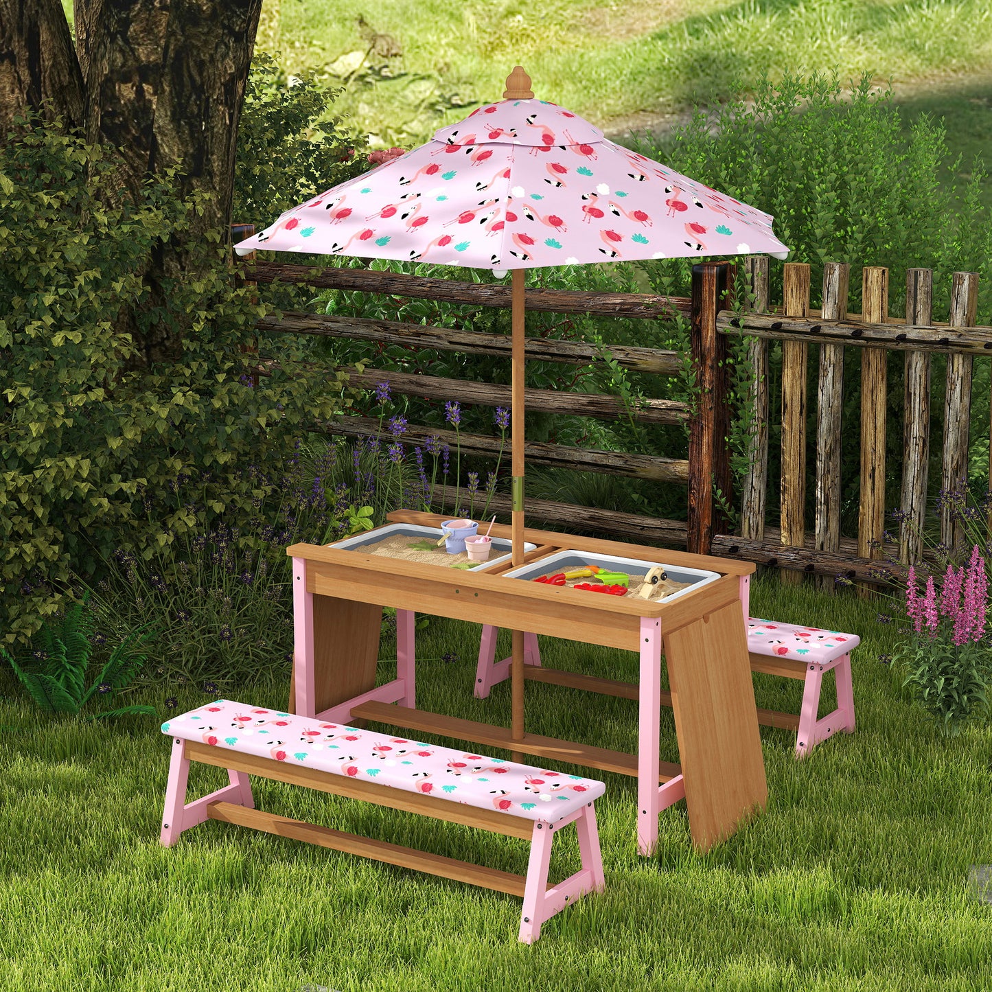 AIYAPLAY Kids Picnic Table Set With Removable Foldable Umbrella Cushions Storage Boxes Flamingo Theme Pink
