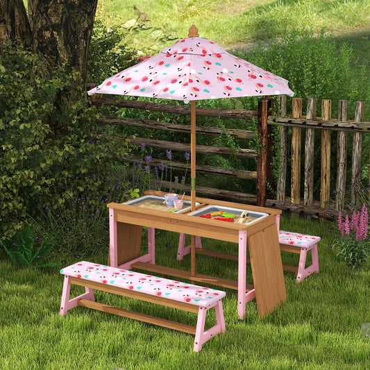AIYAPLAY Kids Picnic Table Set With Removable Foldable Umbrella Cushions Storage Boxes Flamingo Theme Pink