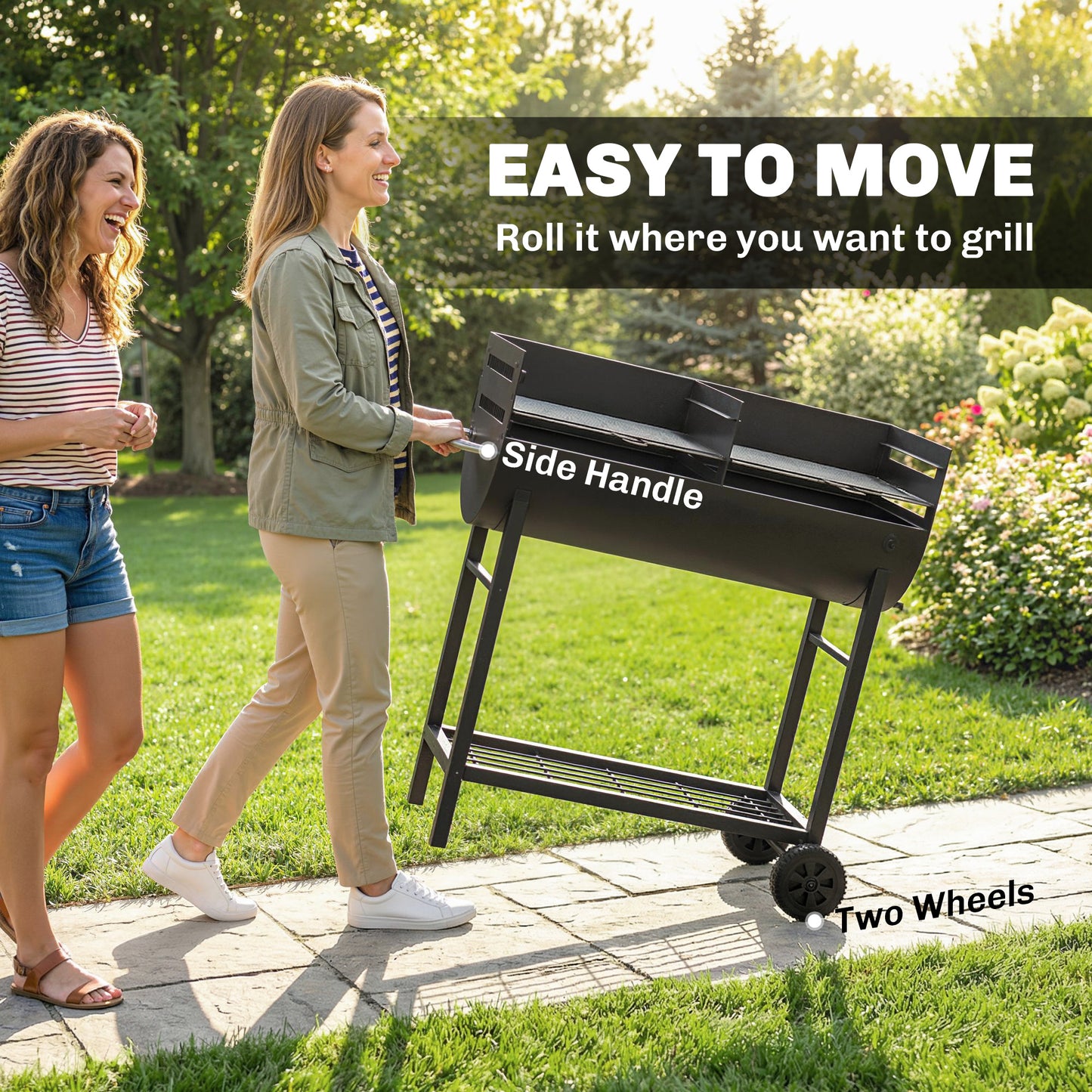 Outsunny Charcoal Grill With Dual Cooking Zones Portable BBQ Trolley Wheels Height Adjustable Grates And Bottom Shelf