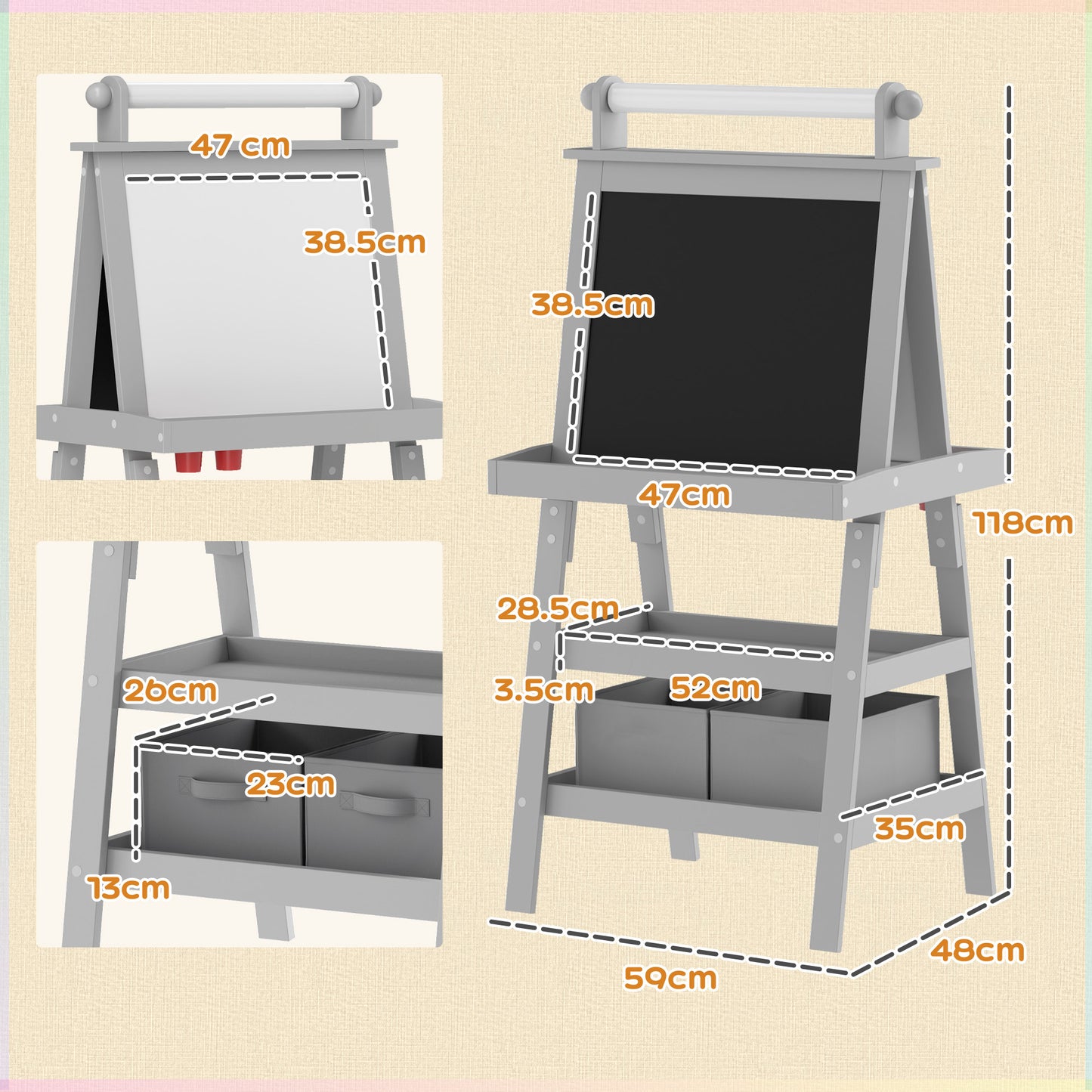 AIYAPLAY 3 in 1 Kids Easel Double Sided Magnetic Whiteboard and Chalkboard with Paper Roll and Storage Baskets Grey