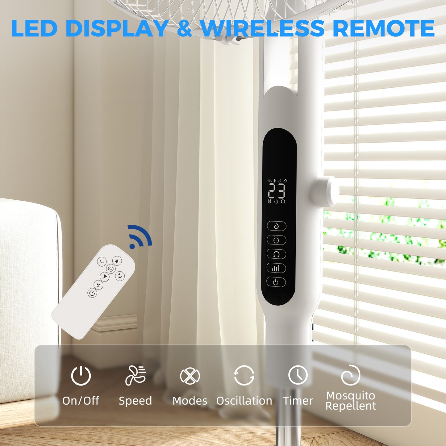 HOMCOM Pedestal Fan With Insect Repellent Box And LED Panel Three Modes Normal Natural Sleep 28 Speeds White