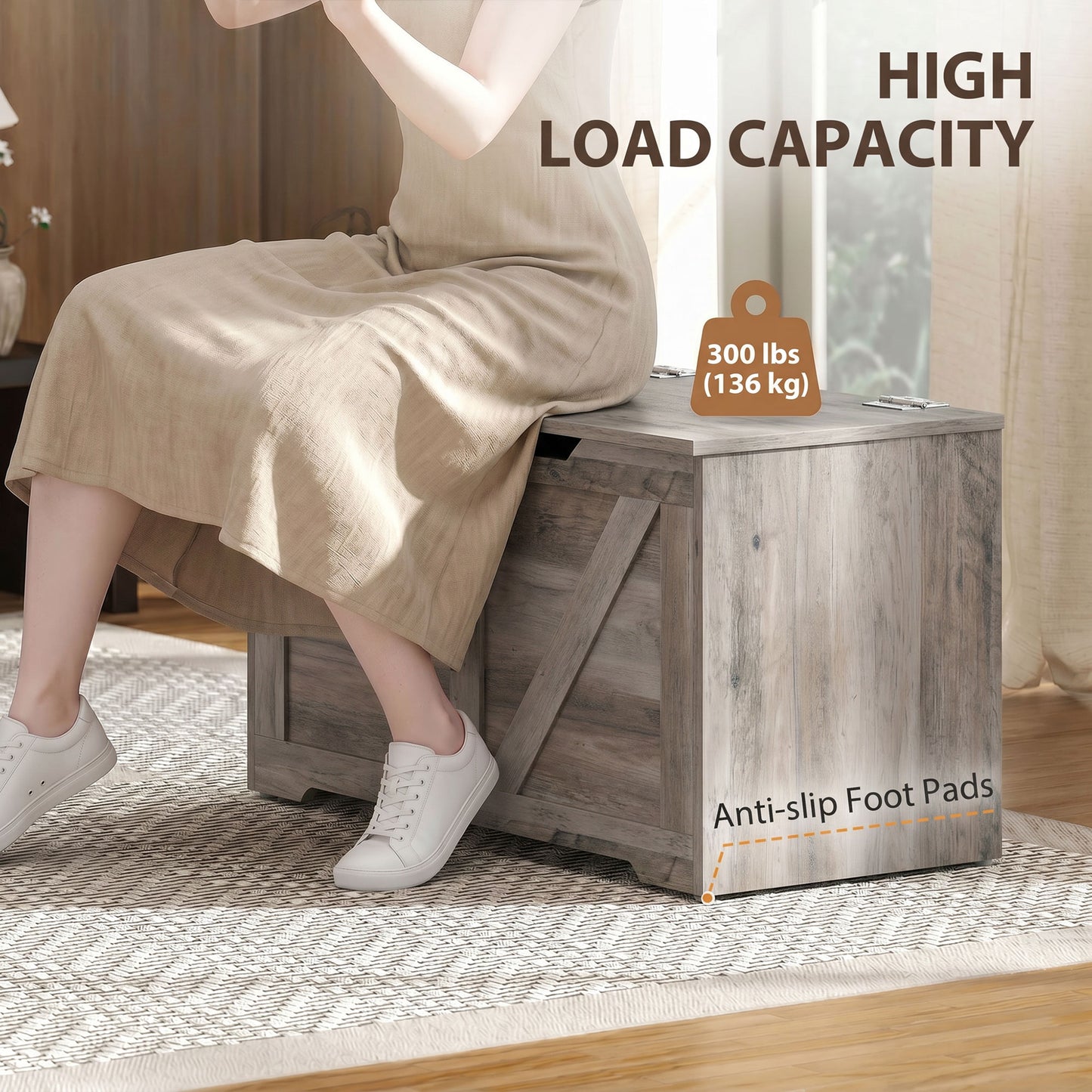 HOMCOM 100L Home Storage Box With Safety Hinge Grey Wood Effect Bench Seat For Living Room