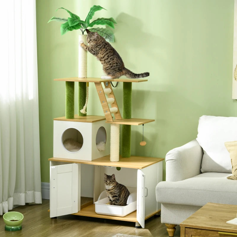 PawHut 2-in-1 Cat Tree Tower with Hidden Litter Box, Green Leaf Design, Oak - House, Ladder, Scratching Posts, Platforms for Indoor Cats - ALL4U RETAILER LTD