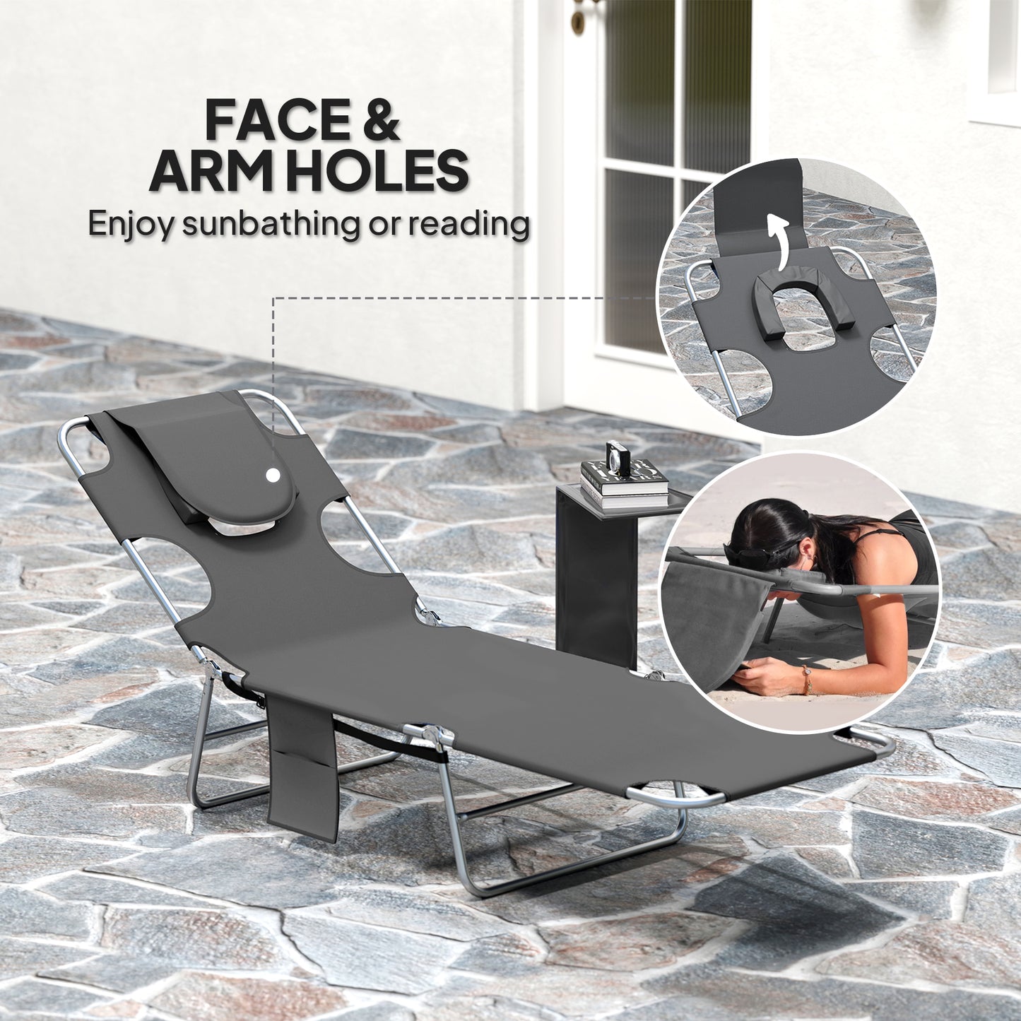 Outsunny Foldable Sun Lounger Set Of 2 Beach Chaise Lounge With Reading Hole 5 Position Backrest Side Pocket Pillow