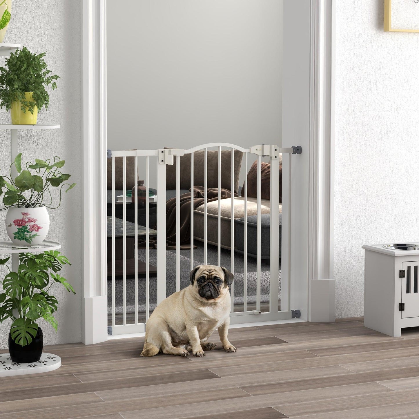 PawHut Metal 74-100cm Adjustable Pet Gate Safety Barrier w/ Auto-Close Door White - ALL4U RETAILER LTD