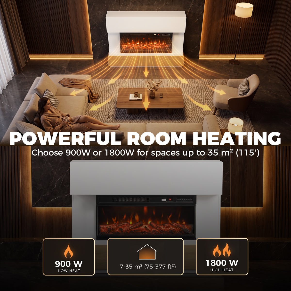 White electric fireplace heater with bright 3D flames, remote control panel and logs