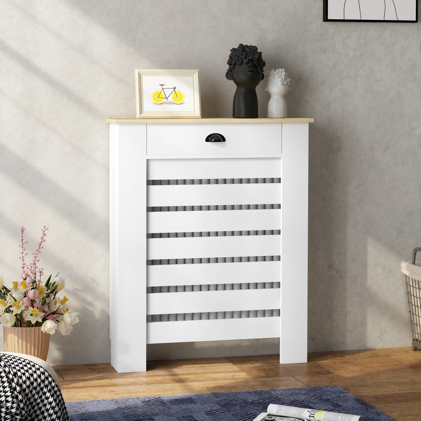 HOMCOM Radiator Cover With Drawer 95.5H x 78W cm White Slatted MDF and Particle Board