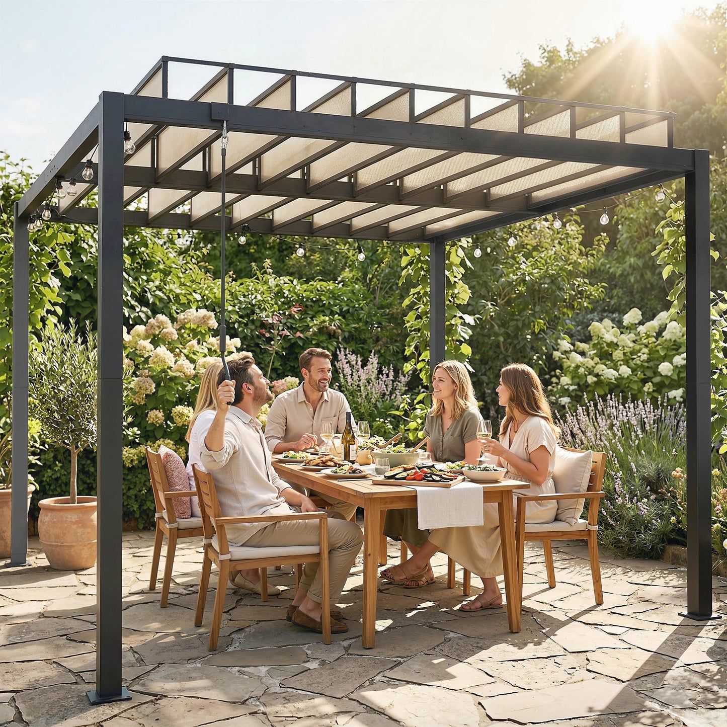 Outsunny 3x3 m Louvered Pergola With PC Roof Aluminium Patio Gazebo Canopy Drainage Gutters Coffee