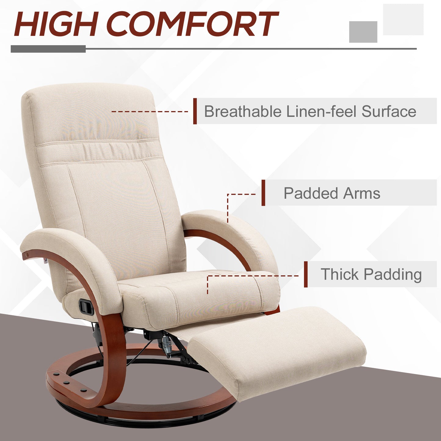 HOMCOM 135 Degree Manual Reclining Swivel Chair With Footrest Beige Linen Upholstery High Back Armrests