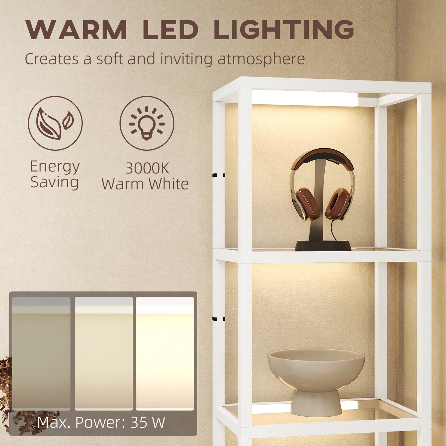 HOMCOM White Four Shelf Floor Lamp With Tempered Glass Shelves And Adjustable Warm White LEDs
