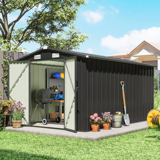 Outsunny 12 X 8 Ft Garden Shed Outdoor Storage With Lockable Double Doors 4 Vents Dark Grey
