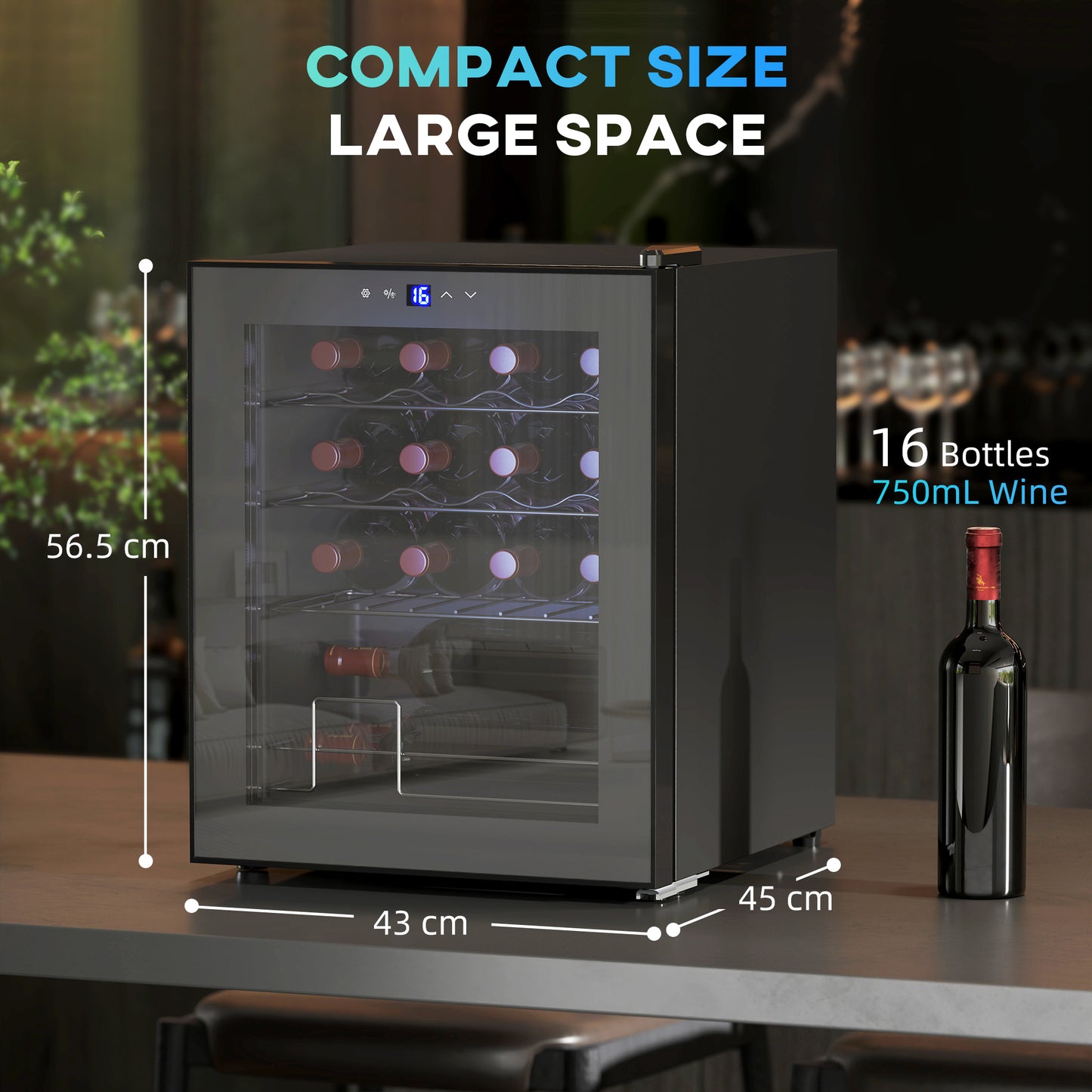 HOMCOM 42L 16-Bottle Wine Cooler Fridge Black With Adjustable 5-18 C Temperature And Interior Light