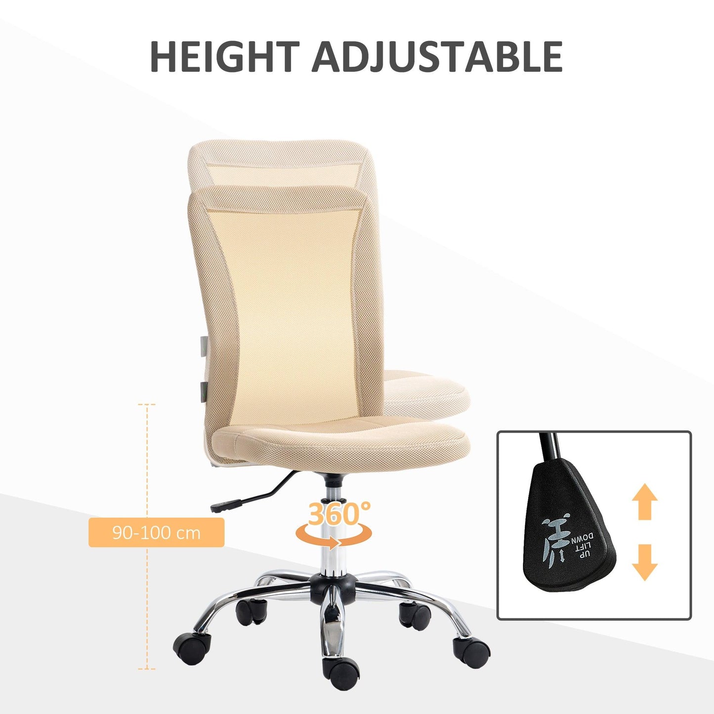 Vinsetto Beige Mesh Office Chair, Adjustable Height, Armless Study Chair - ALL4U RETAILER LTD