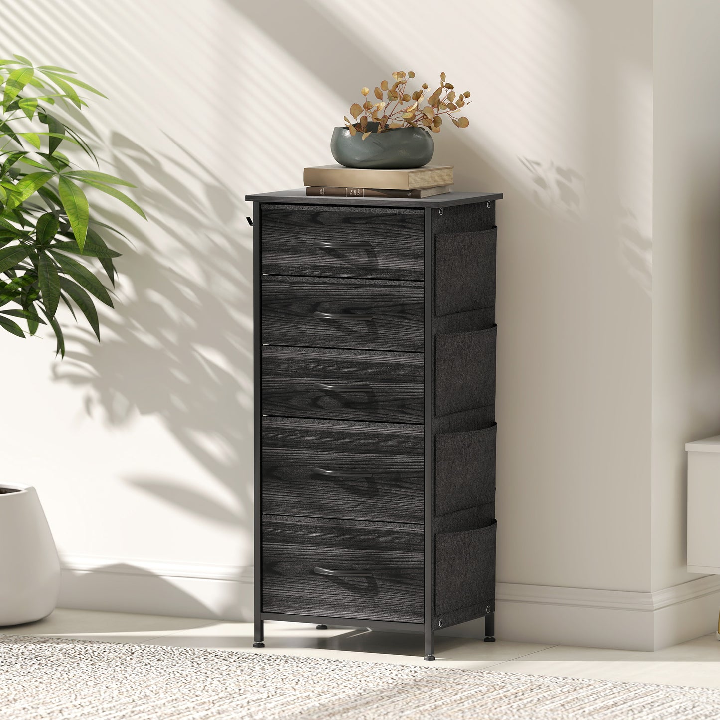 HOMCOM Five Drawers Fabric Chest of Drawers with Steel Frame and X Bar Support Black