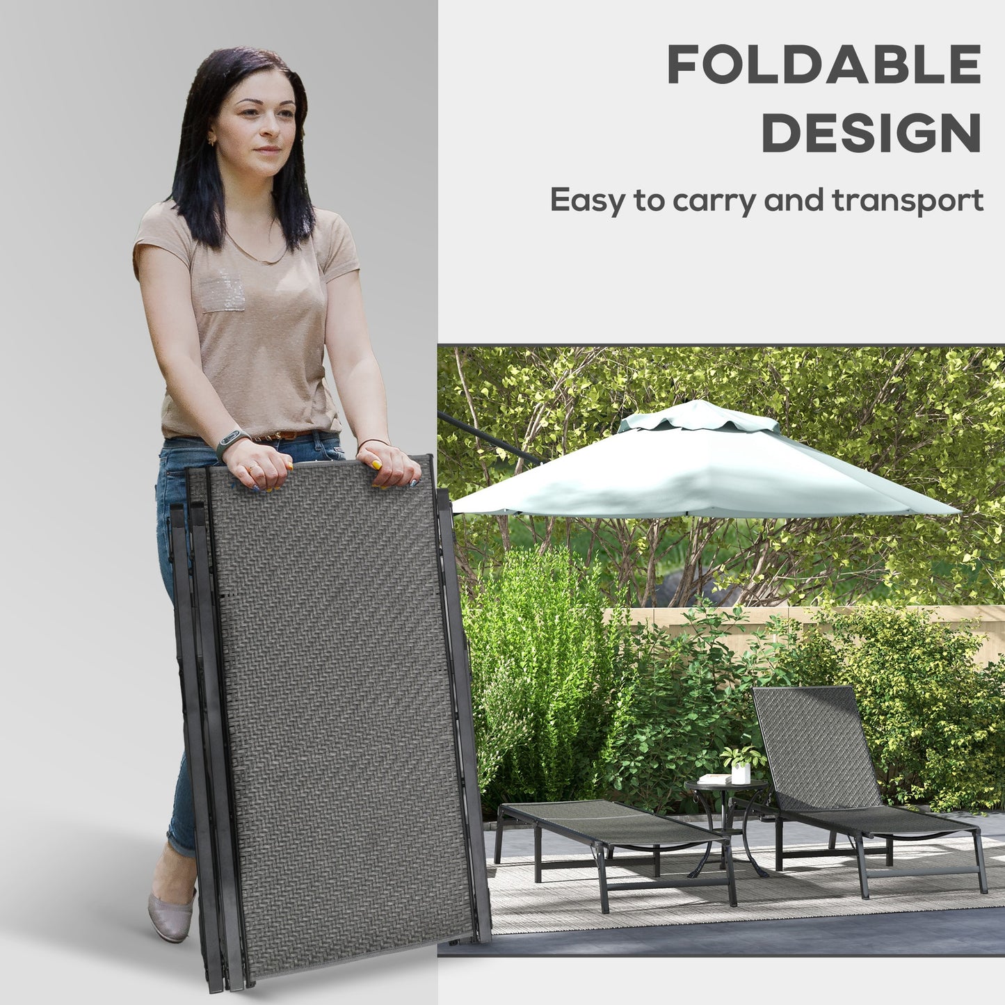 Outsunny Foldable Outdoor PE Rattan Sun Lounger Set Of 2 With Five Level Adjustable Backrest Grey