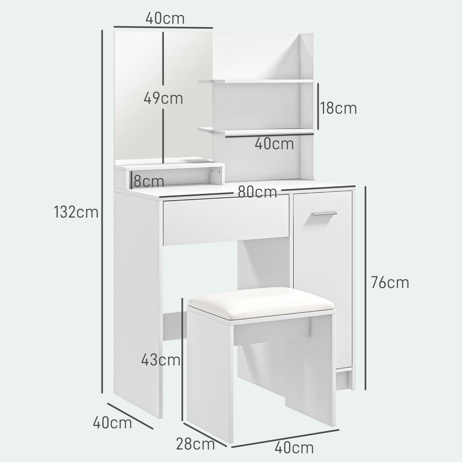 HOMCOM Modern White Vanity Set with Copper-Free Mirror, Stool, and Ample Storage for Bedroom - ALL4U RETAILER LTD