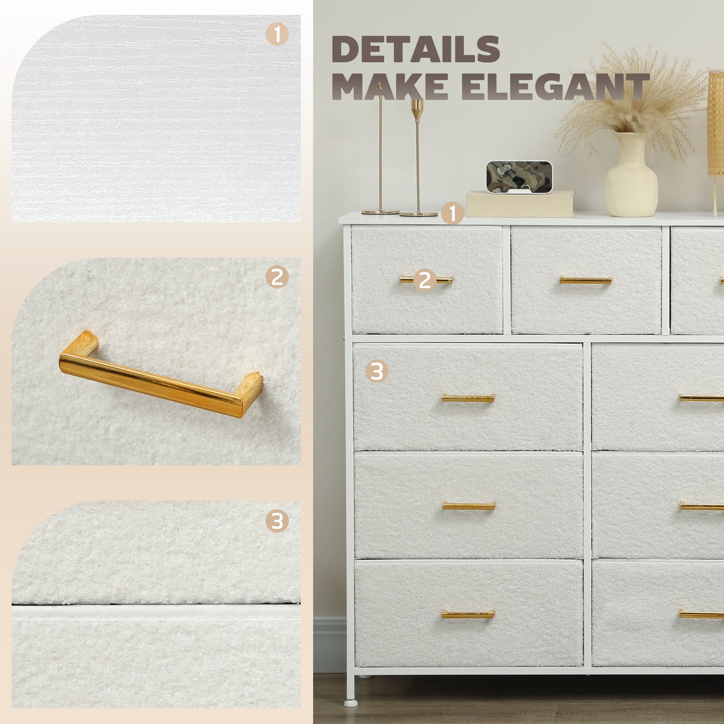 HOMCOM Chest Of Drawers With 9 Fabric Drawers Boucle Storage Organizer Steel Frame Cream White Dresser For Bedroom