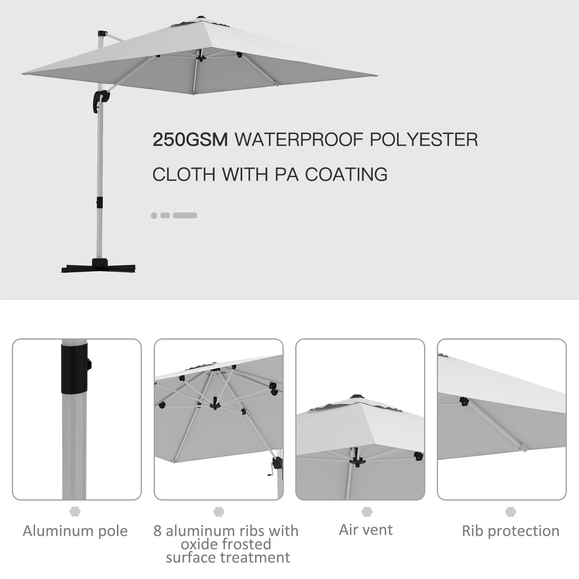 Outsunny 3m x 3m Adjustable Square Cantilever Umbrella with 360° Rotation and Aluminium Frame in White - ALL4U RETAILER LTD