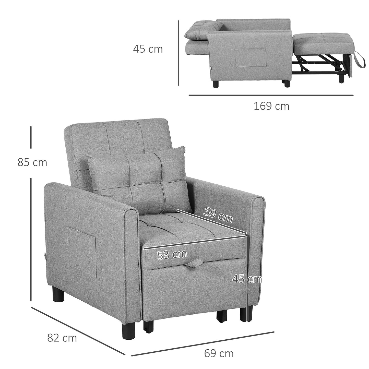 HOMCOM Pull Out Chair Bed, Sleeper Chair with Pillow, Side Pockets, Light Grey - ALL4U RETAILER LTD