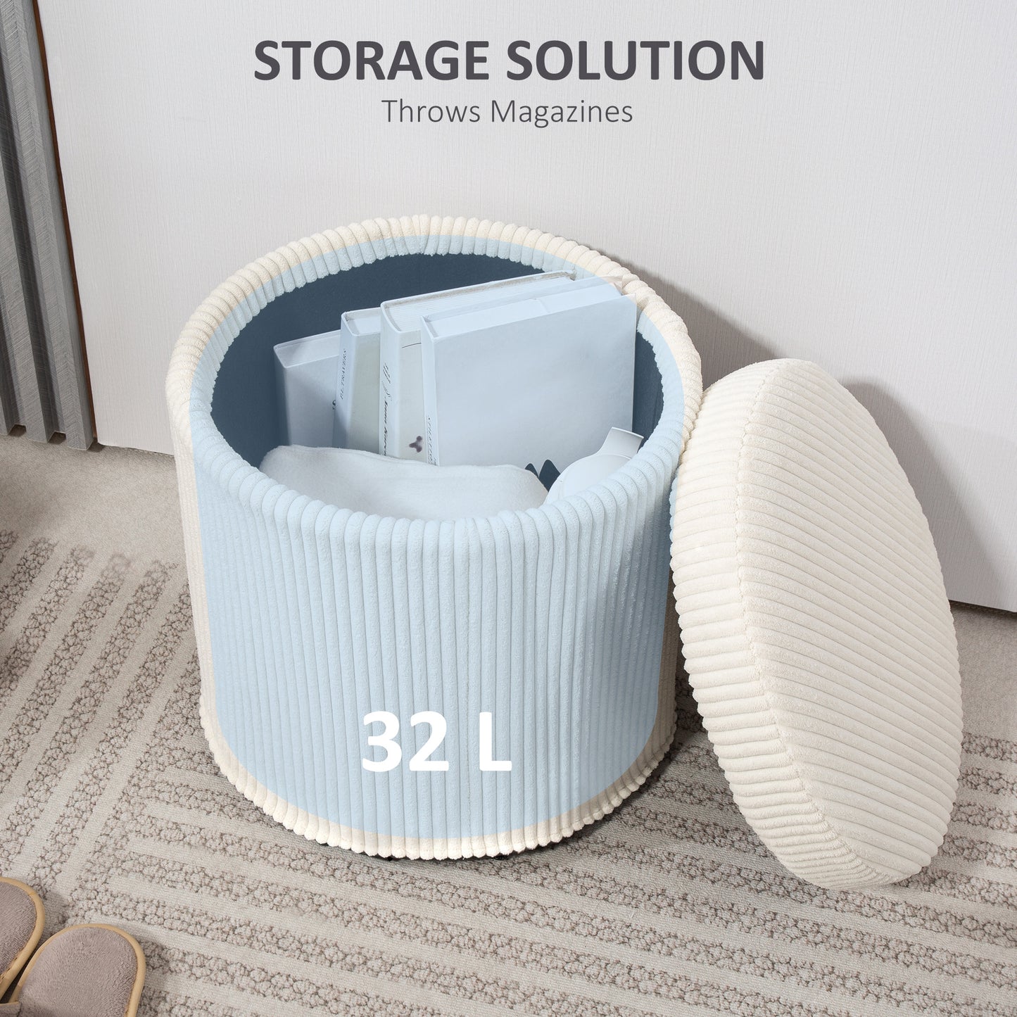 HOMCOM 40cm Round Storage Ottoman With Removable Lid And Legs In Corduroy Beige Vanity Stool And Storage Seat