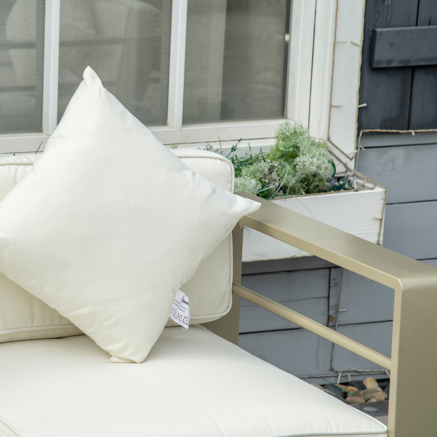 Outsunny Four Piece Outdoor Garden Furniture Set Aluminium Frame Champagne Gold Cushioned Loveseat And Glass Top Table