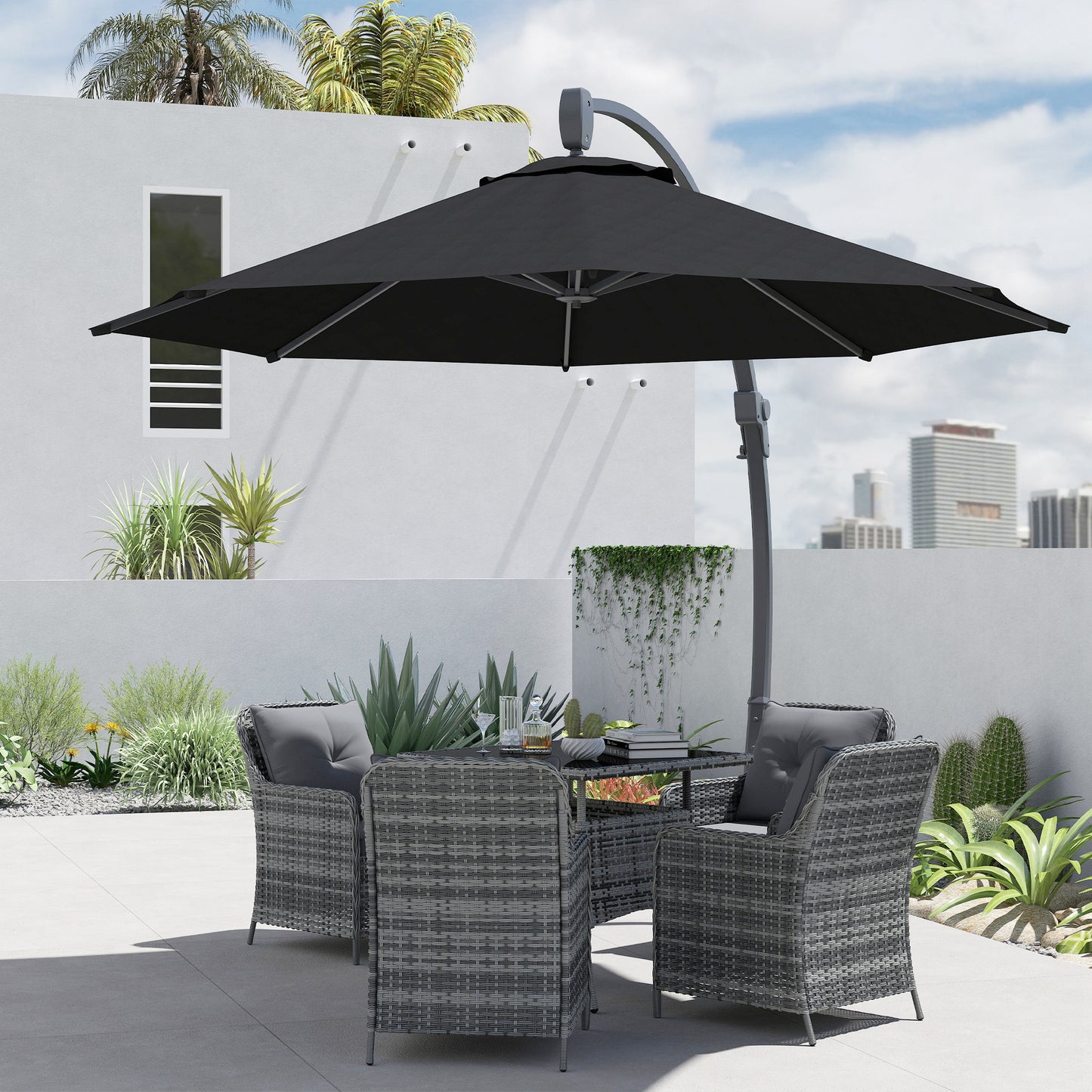 Outsunny 3m Cantilever Parasol Round Overhang Umbrella With Crank Handle Base Aluminum Frame 360Rotation Banana Black