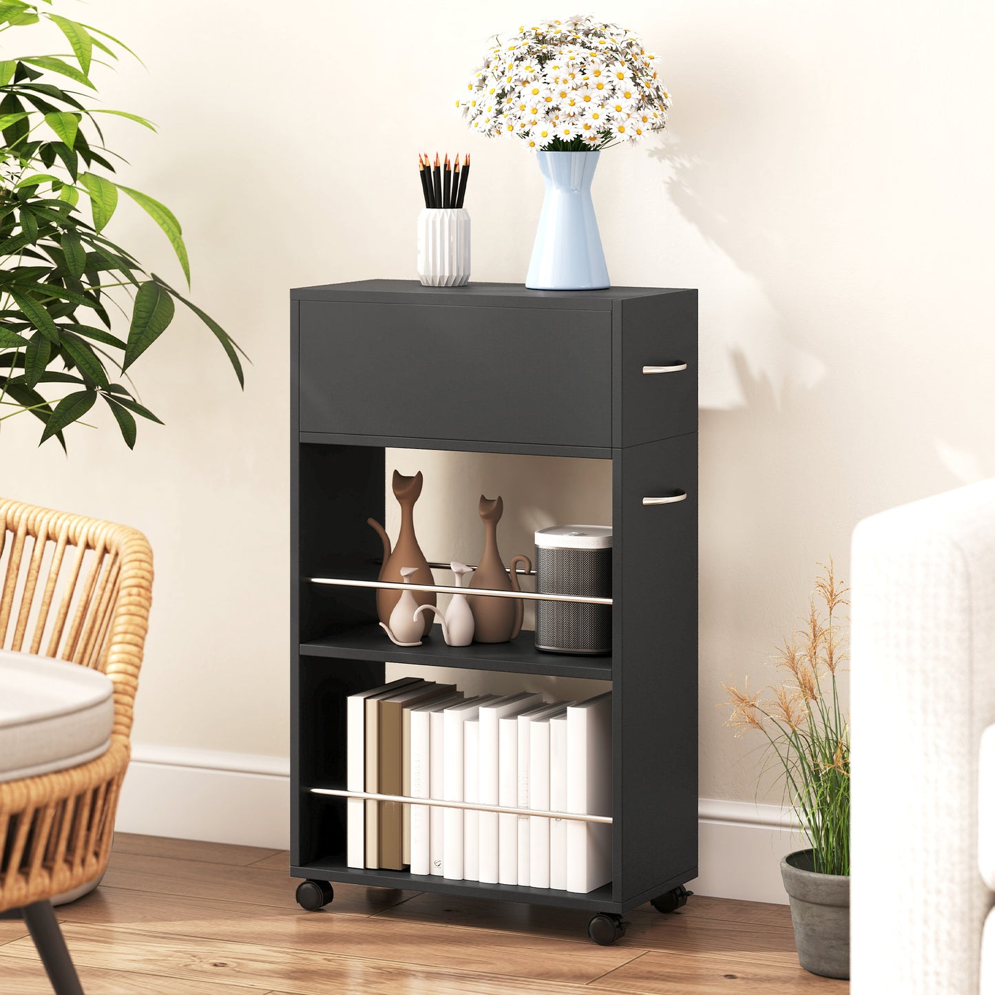 HOMCOM Rolling Storage Cart 3 Tier Kitchen Trolley With Drawer Surface Top And 4 Universal Wheels Black