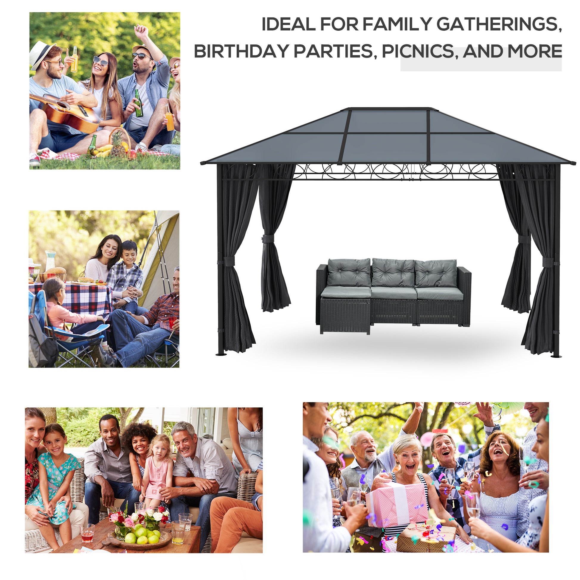 Outsunny Elegant Grey Hardtop Outdoor Gazebo with UV-Resistant Roof and Privacy Curtains - 3x4m - ALL4U RETAILER LTD