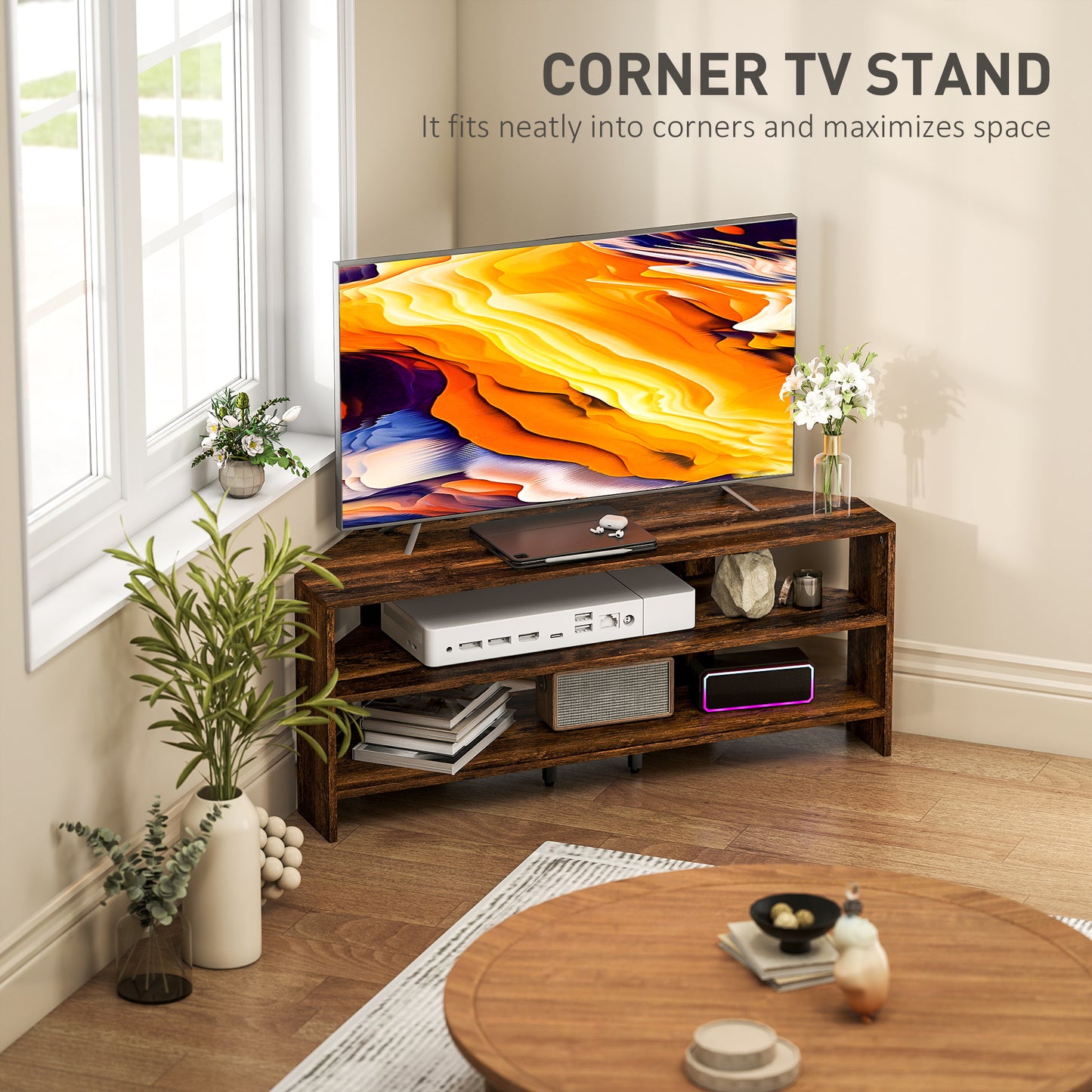 HOMCOM Corner TV Stand With Two Open Shelves For 47 Inch TV Rustic Brown Space Saving Design