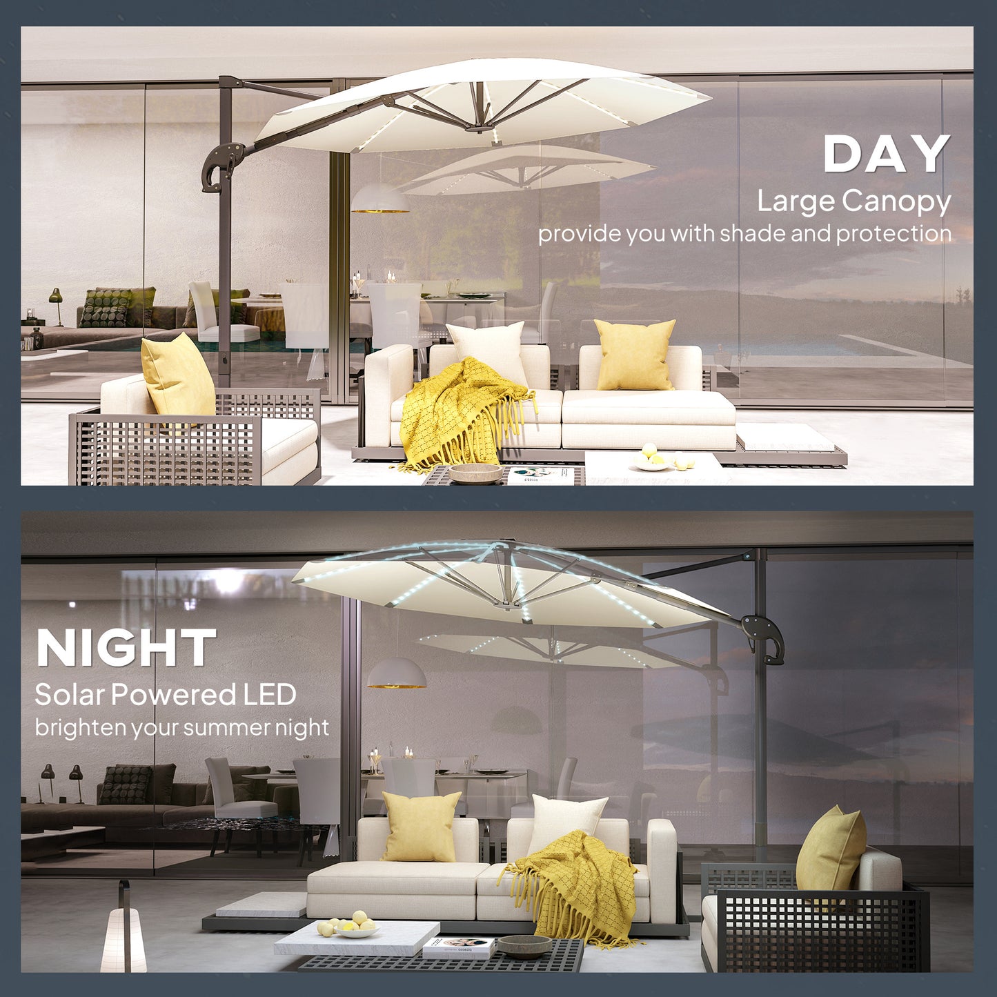 Outsunny 3m Cantilever Parasol With 360 Degree Rotation Solar Powered Lights Crank Handle Cross Base UPF 50 Cream