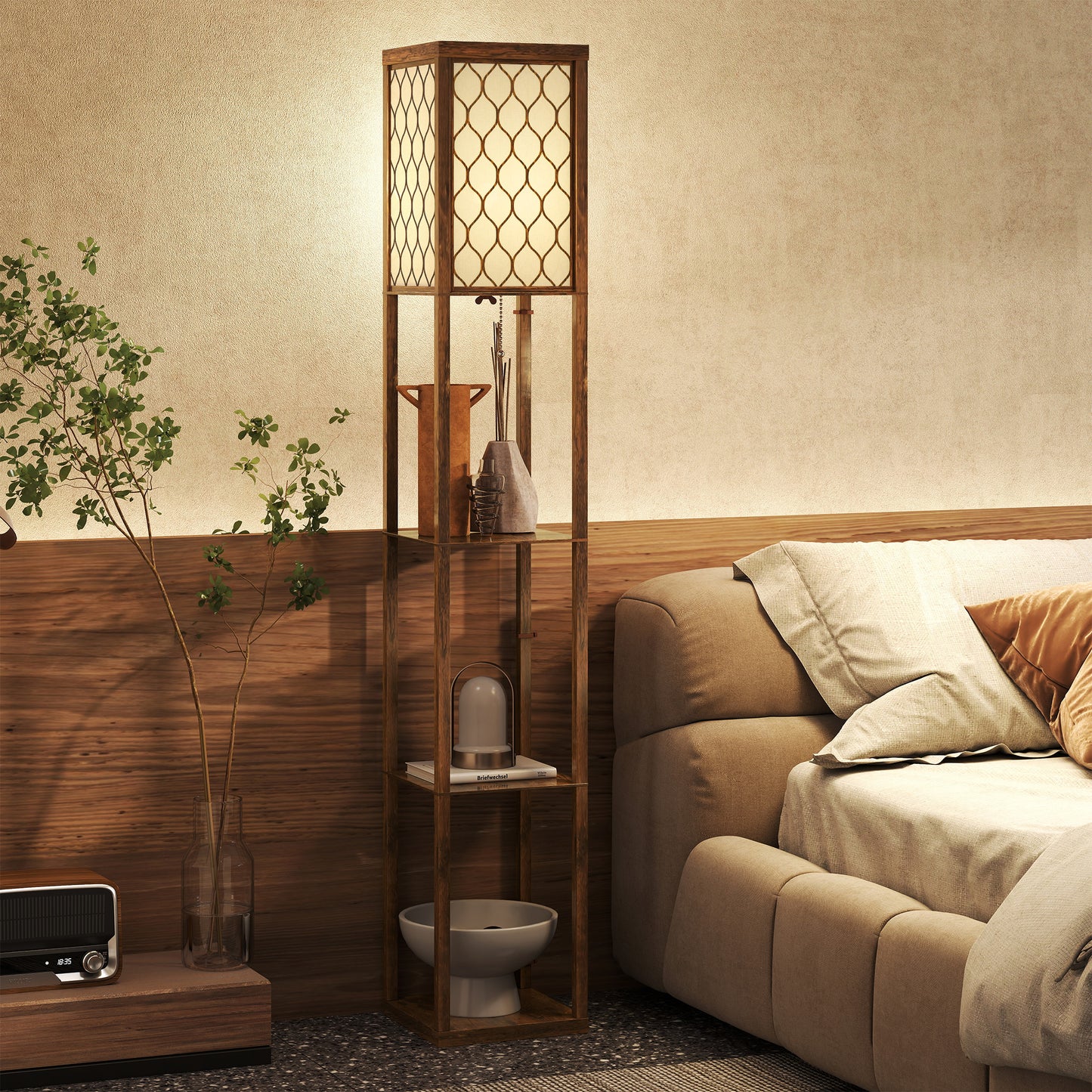 HOMCOM Three Shelf Standing Lamp With Rustic Brown White Finish And Integrated Storage Shelves