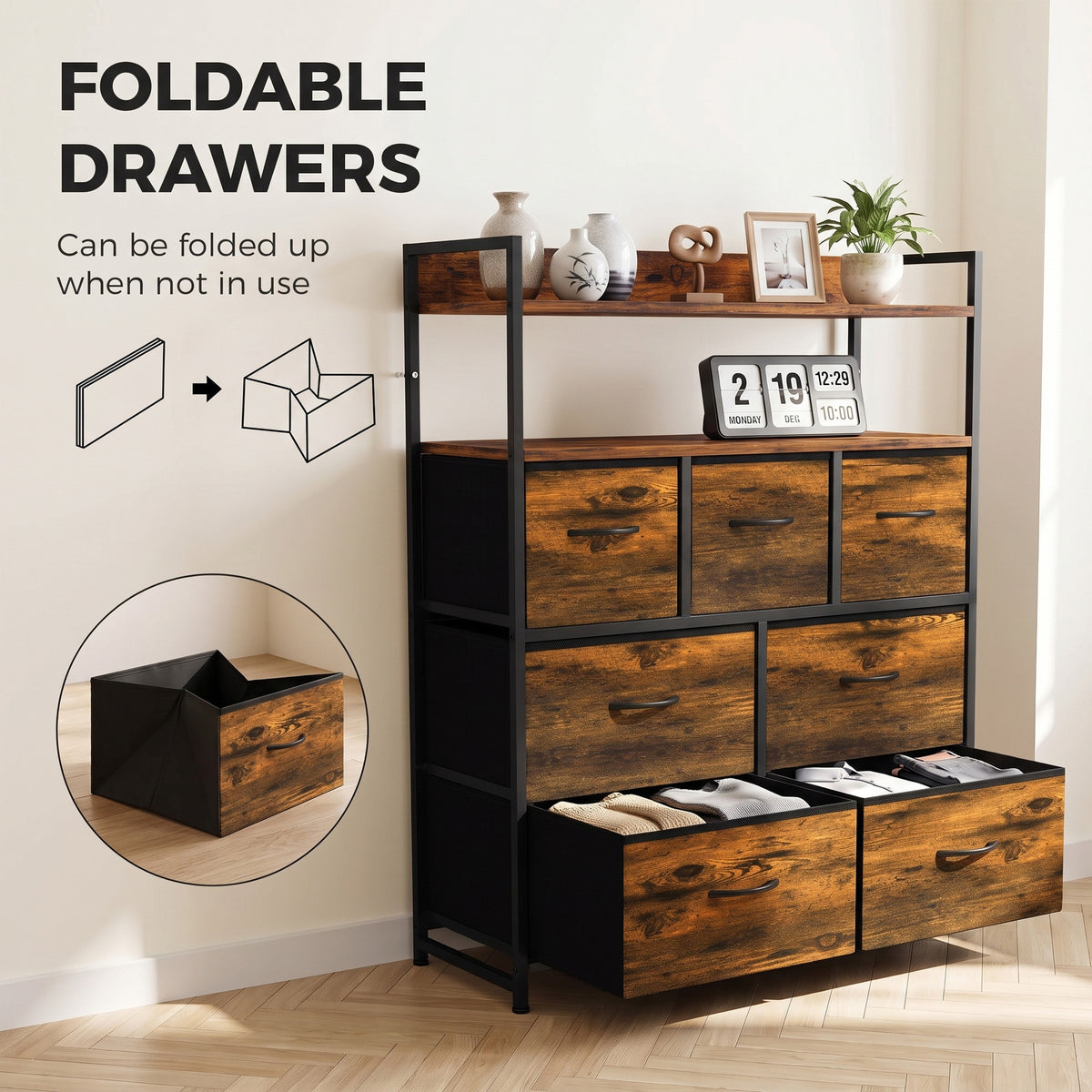 Rustic brown fabric dresser with foldable drawer fronts and open shelving