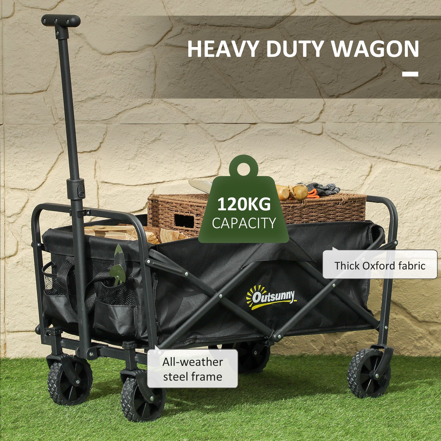 Outsunny 62L Festival Trolley On Wheels Beach Cart 120 Kg Heavy Duty Collapsible Wagon With Adjustable Handle Black