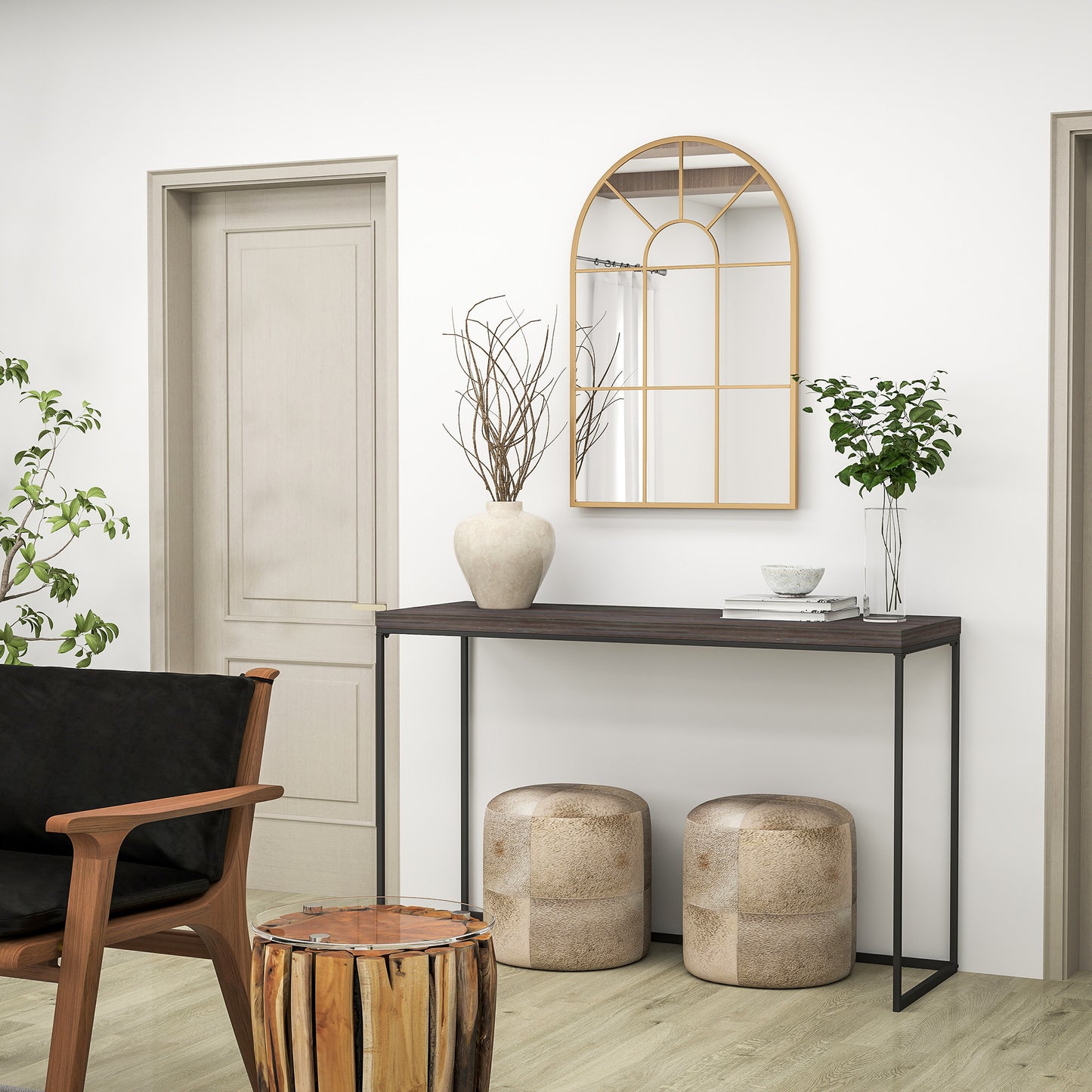 HOMCOM 90 By 61 Cm Arched Grid Mirror Gold Tone With Metal Frame Wall Mount Hooks For Bedroom Hallway Decor
