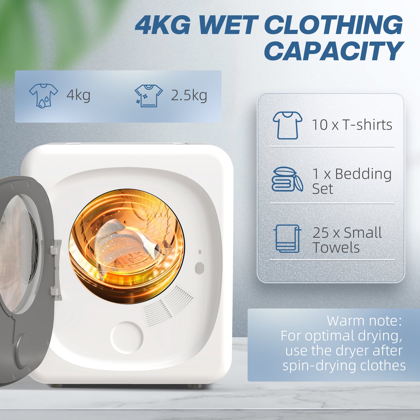 HOMCOM 4kg Vented Tumble Dryer 800W Compact Freestanding Front Tumble Dryer With 5 Drying Modes And Smart Sensor White