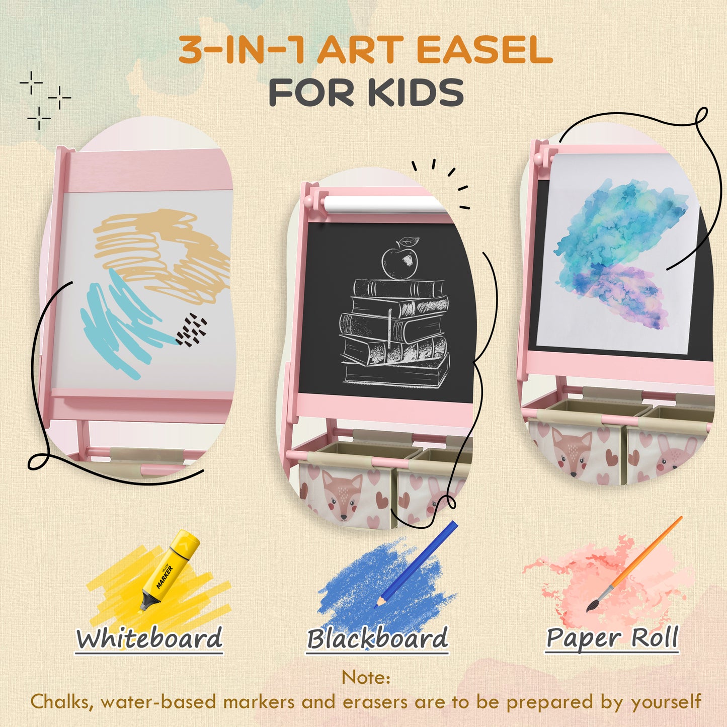 AIYAPLAY Three In One Kids Easel With Paper Roll And Storage Pink Educational Art Station