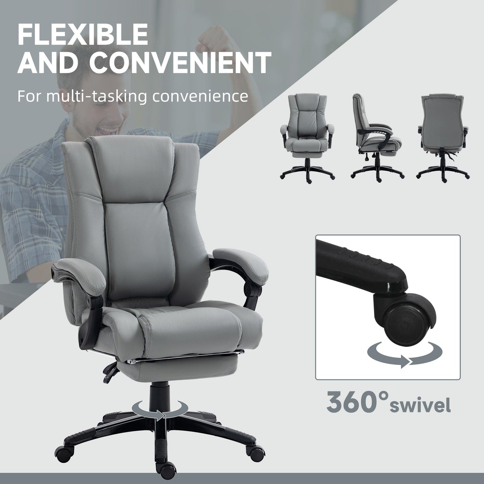 Vinsetto PU Leather Office Chair, Swivel Computer Chair with Footrest, Wheels, Adjustable Height, Grey - ALL4U RETAILER LTD