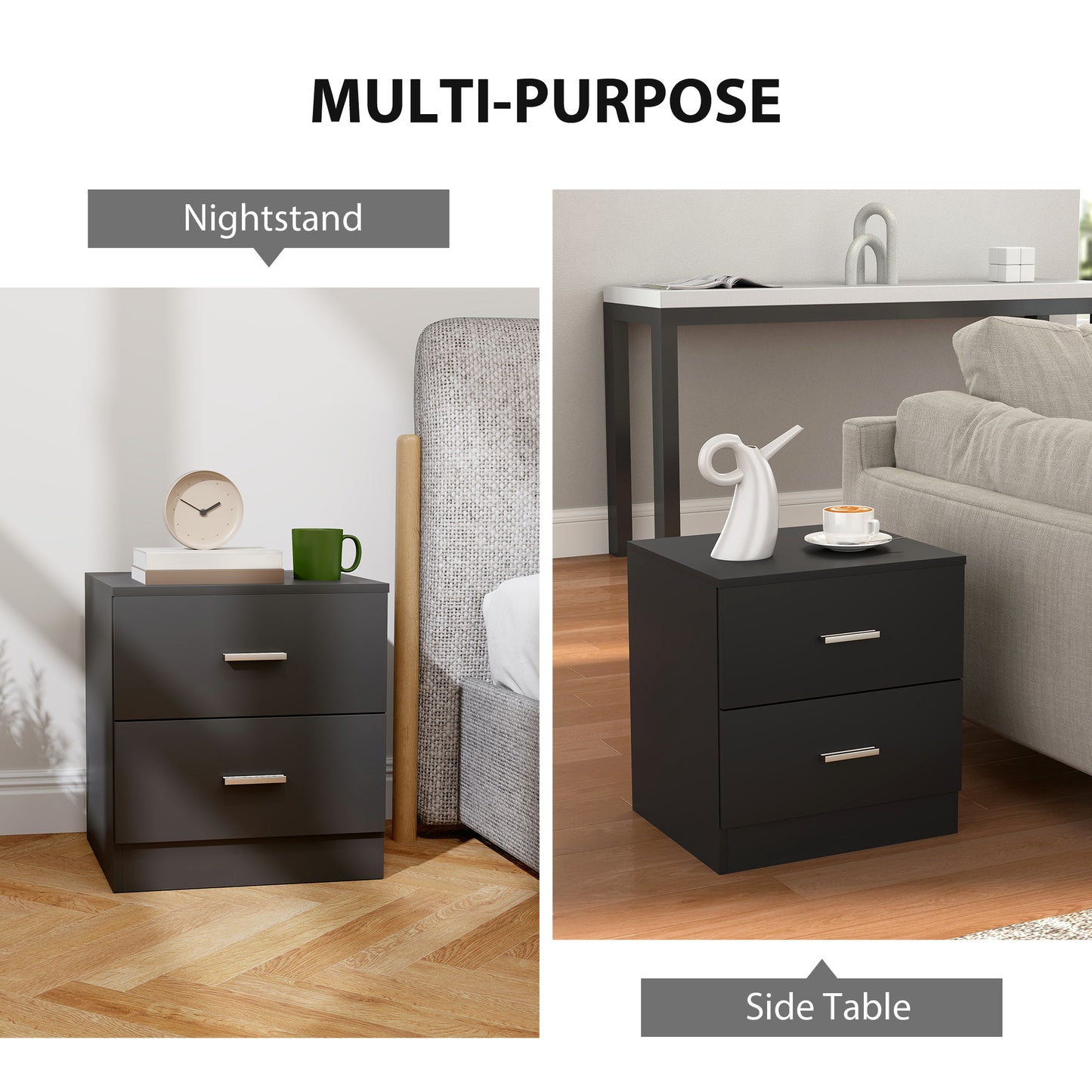 HOMCOM Modern Bedside Table With Two Drawers Black For Bedroom And Living Room Ideal Nightstand