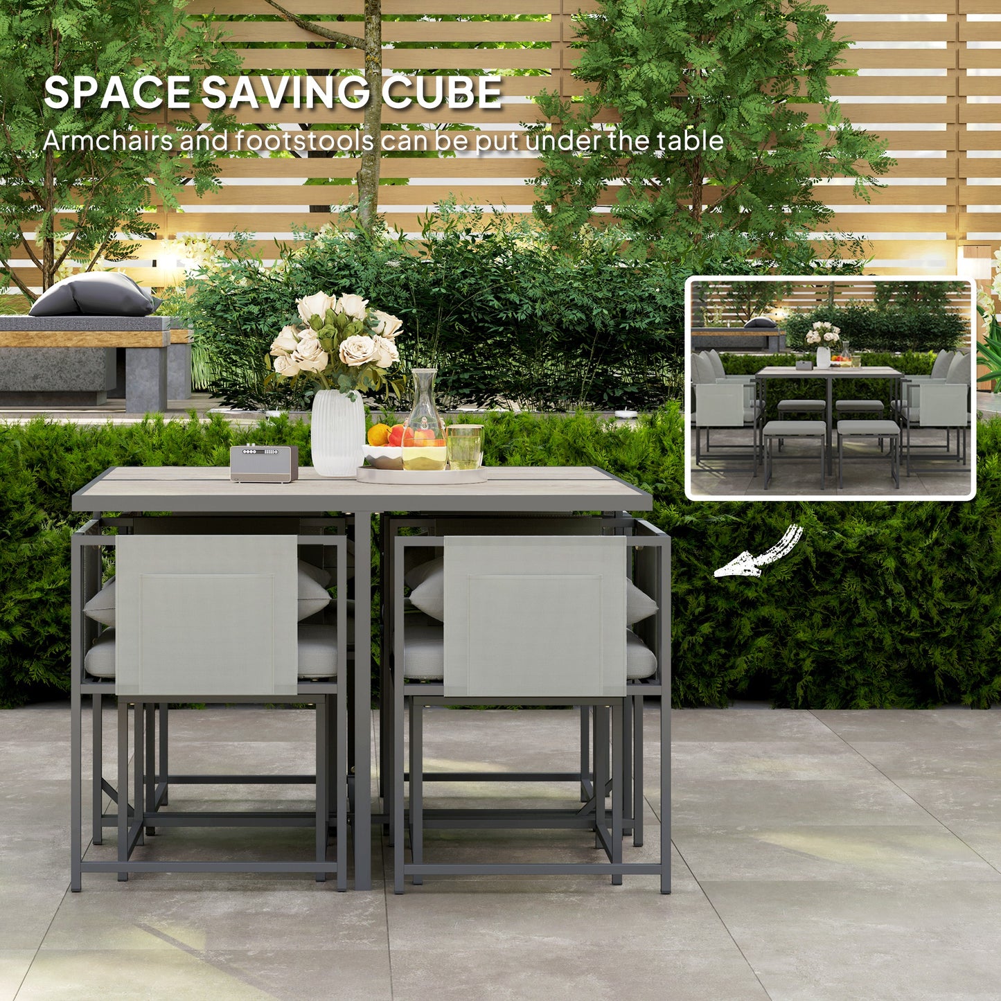 Outsunny Nine Piece Steel Frame Garden Dining Set With Cushions Grey Outdoor Furniture