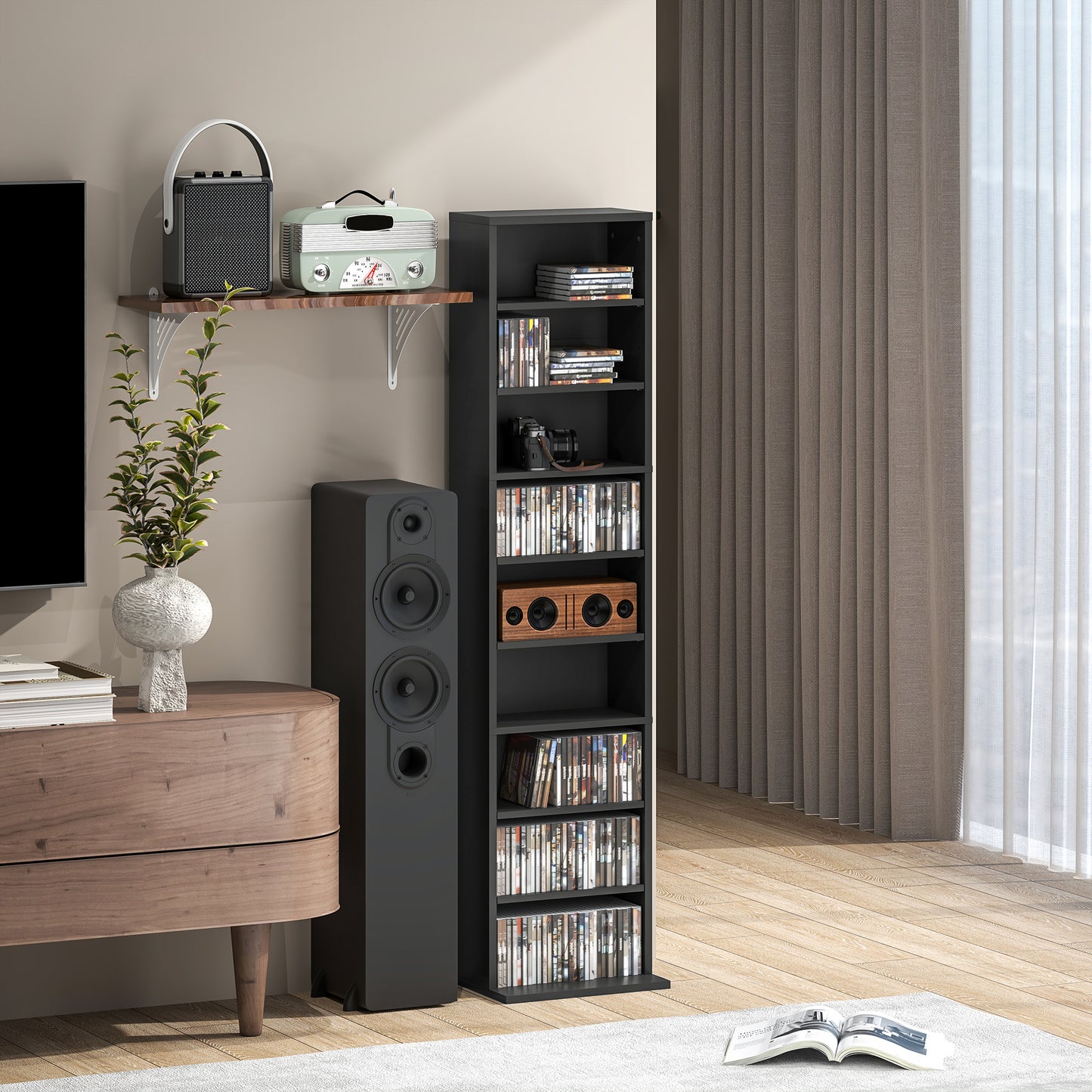 HOMCOM 260 Narrow CD Storage Unit Black With Six Adjustable Shelves Holds 260 CDs or 120 DVDs