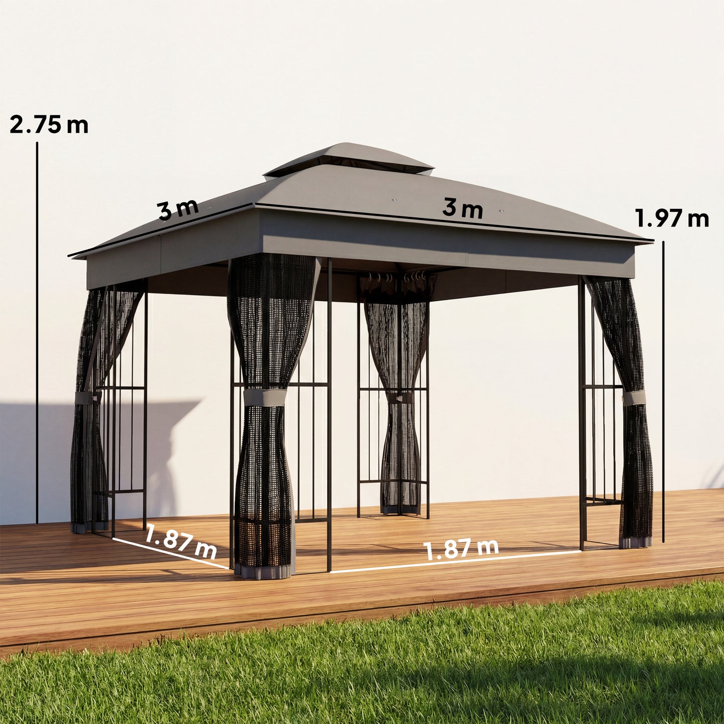 Outsunny 3 x 3 m Outdoor Garden Gazebo With Post Shelves UPF50 Plus Double Roof Permanent Pavilion Grey
