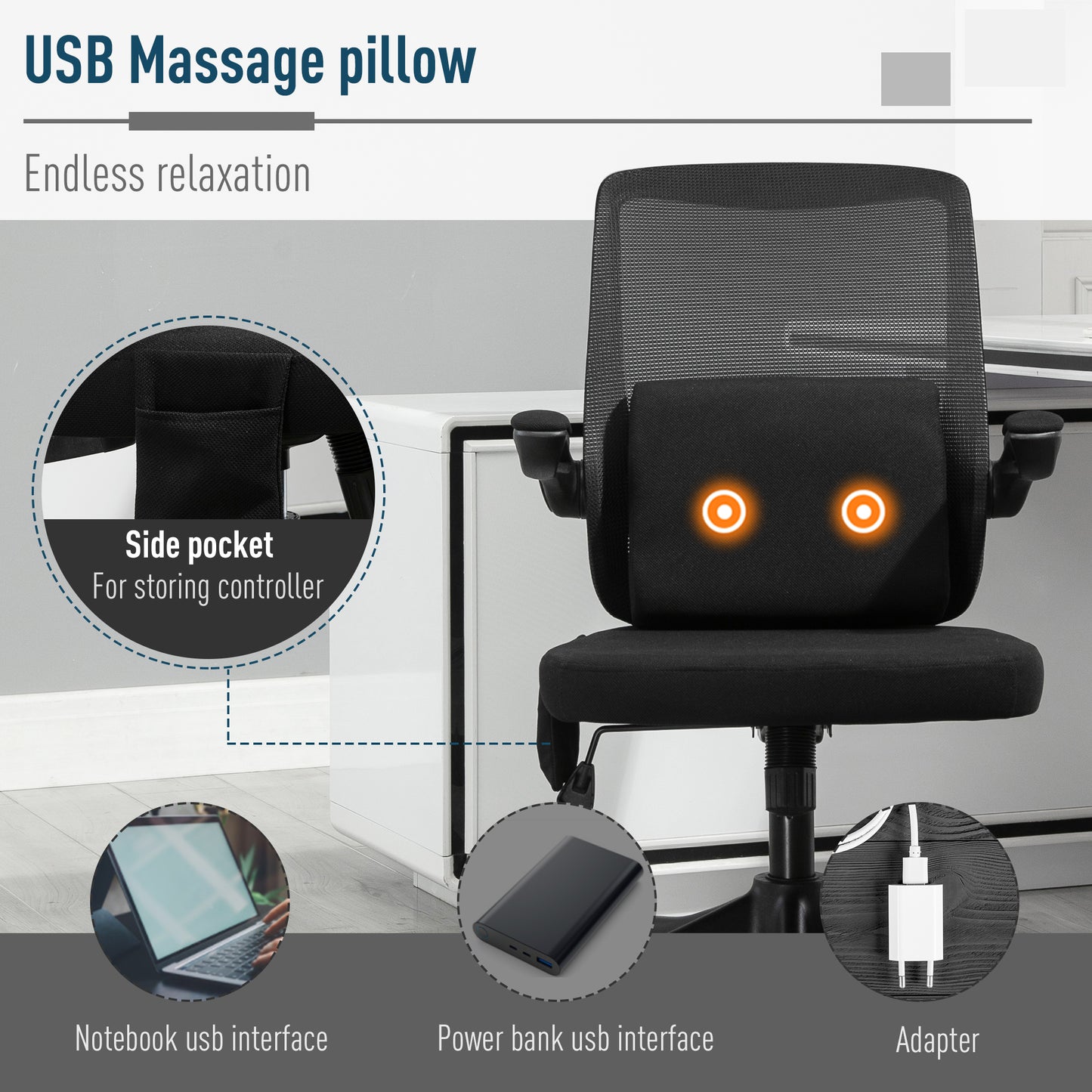 Vinsetto Ergonomic Black Massage Office Chair with USB Power, 360° Swivel and Lumbar Support - ALL4U RETAILER LTD