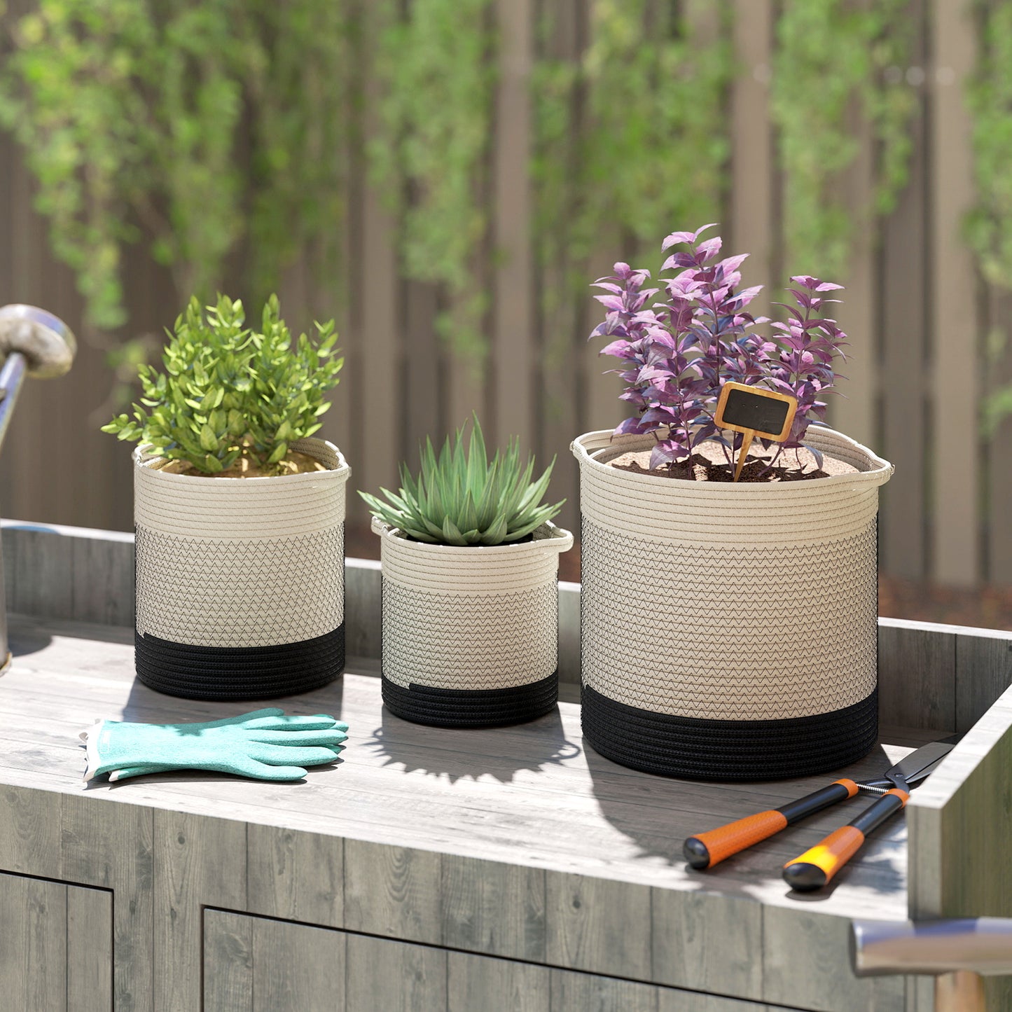 Outsunny Handwoven Cotton Indoor Plant Pots With Waterproof Liner Set Of 3 White