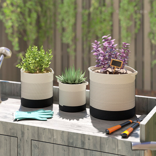 Outsunny Handwoven Cotton Indoor Plant Pots With Waterproof Liner Set Of 3 White