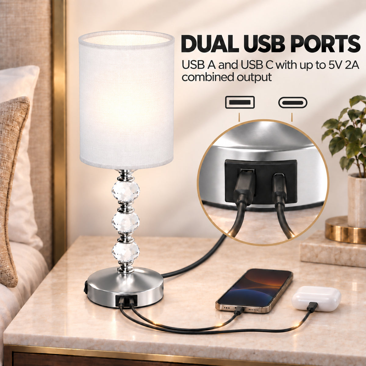 Crystal bedside table lamp with dual USB-A and USB-C charging ports and white shade