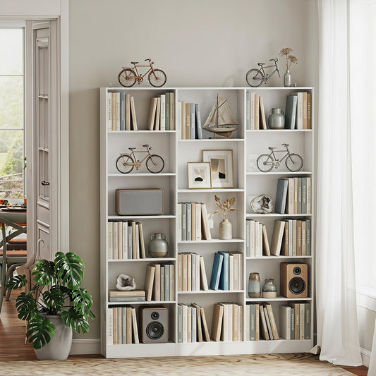 White slim 6-tier bookcase with open shelves for books and decor