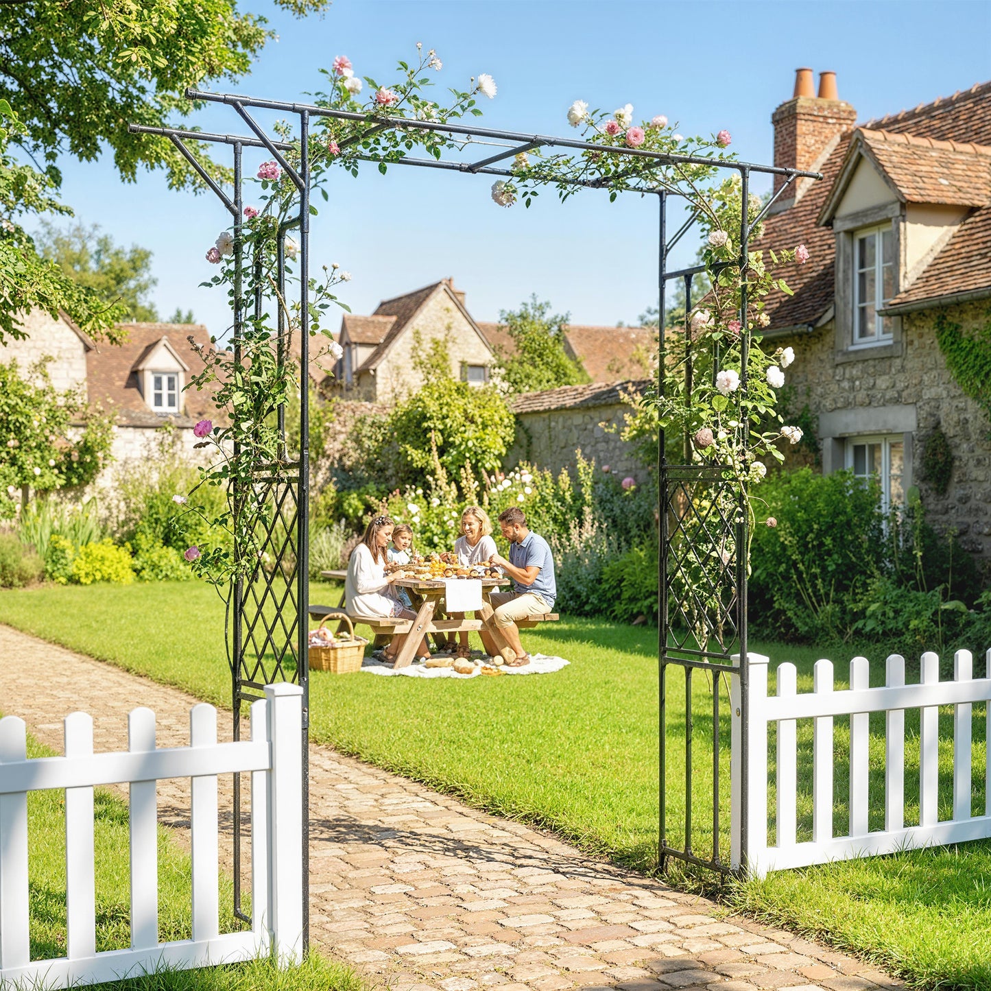 Outsunny Garden Arch With Trellis For Climbing Plants PE Coated Steel Arbour Black 180 x 40 x 215 cm