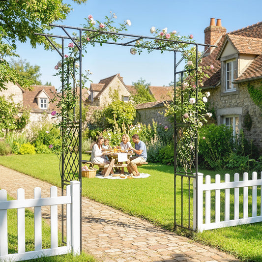 Outsunny Garden Arch With Trellis For Climbing Plants PE Coated Steel Arbour Black 180 x 40 x 215 cm